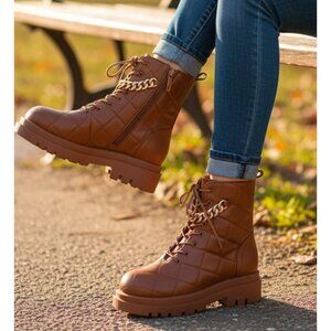 Quilted Faux Leather Lace-Up Combat Boots With Gold Chain Accent - Brown